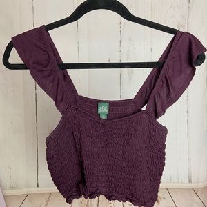 Purple crinkle crop tank top with ruffle sleeves